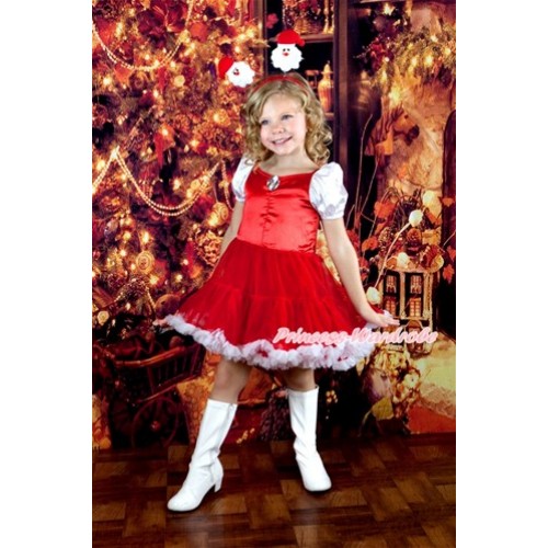 Xmas Hot Red White Bubble Sleeves Princess Dress Party Costume With Crystal With Santa Claus Headband C195 